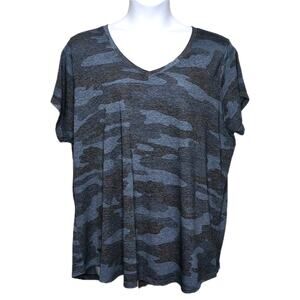 Lucky Brand T-shirt Womens Plus Size 3X Blue Camo Short Sleeve V-Neck Top NWT
